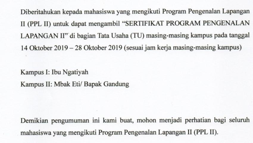 Pengumuman Pengambilan Sertifikat PPL II Tahun 2019